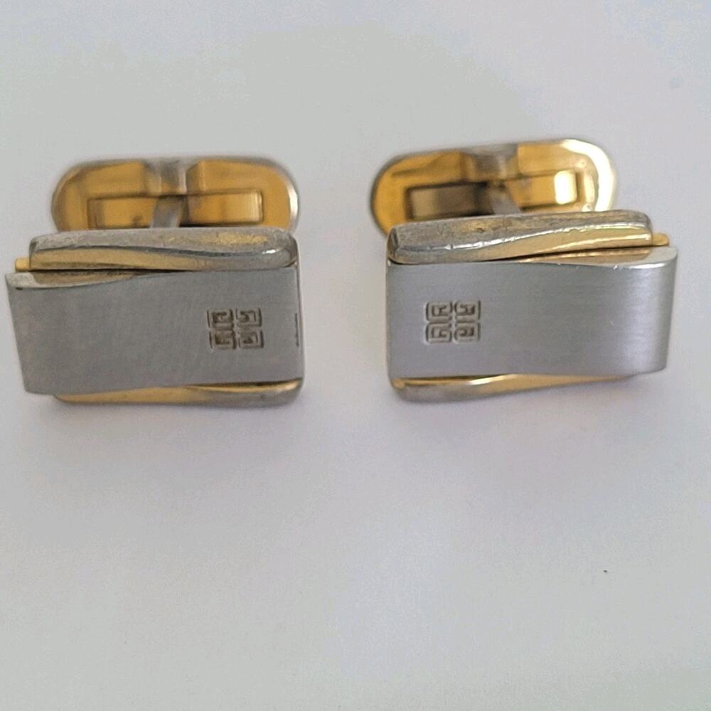 Givenchy Cufflinks Set Rectangle Gold Silver Tone Logo Vintage Designer Fair‎
